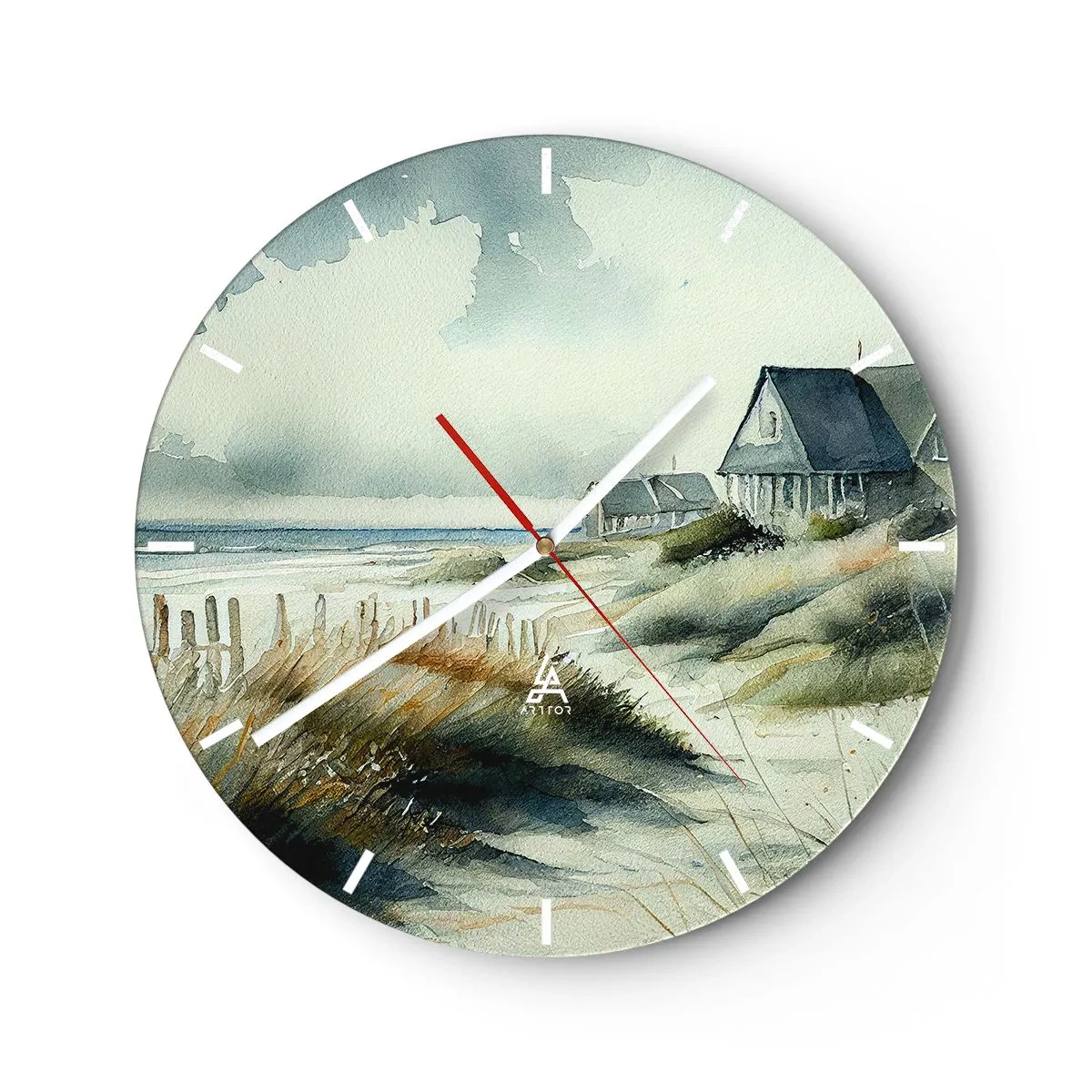 Relógio de parede - Relógio em vidro - Casas de dunas em estilo aquarela em uma praia calma - 30x30cm - Longe da agitação - Decoração de parede moderna para a sala de estar, cozinha e quarto ARTTOR