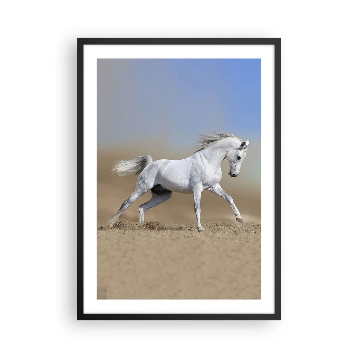 Pôster com moldura preta - Um cavalo branco galopando contra um fundo desértico - 50x70cm - O mais belo conto de fadas árabe - Decoração de parede moderna para a sala de estar e quarto ARTTOR