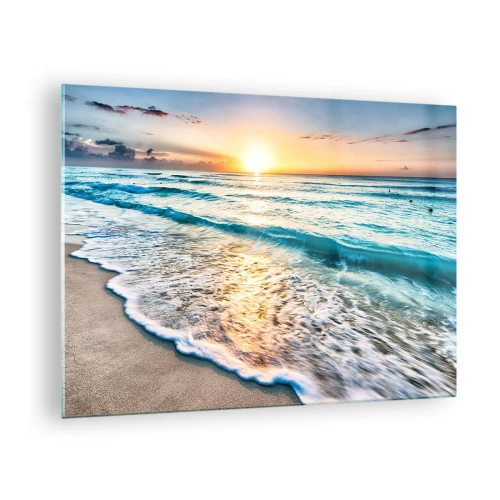 Quadro em vidro - Praia pela manhã com ondas e nascer do sol - 70x50cm - Uma visão que vale a pena - Decoração de parede moderna para a sala de estar e quarto ARTTOR