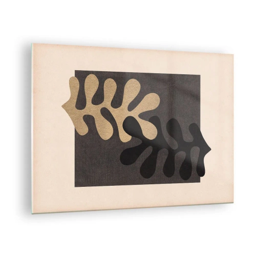 Quadro em vidro - Formas abstratas em preto e bege sobre um fundo geométrico - 70x50cm - Ausência e complemento - Decoração de parede moderna para a sala de estar e quarto ARTTOR