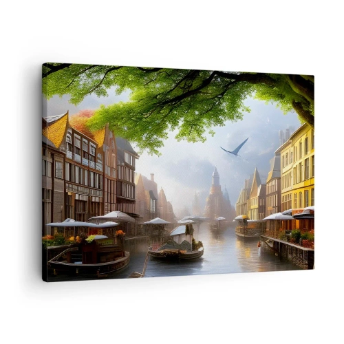 Quadro em tela - Uma paisagem holandesa pitoresca com um canal e casas de temporada - 70x50cm - Paisagem urbana holandesa - Decoração de parede moderna para a sala de estar e quarto ARTTOR