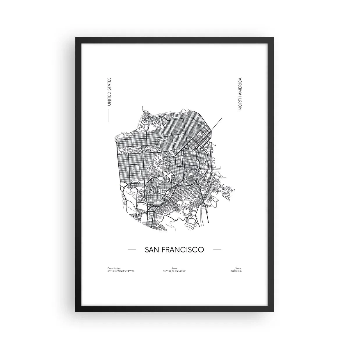 Pôster com moldura preta - Um mapa minimalista de São Francisco em preto e branco. - 50x70cm - Anatomia de São Francisco - Decoração de parede moderna para a sala de estar e quarto ARTTOR