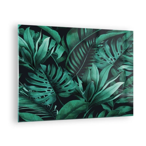 Quadro em vidro - Folhas verdes exuberantes em uma composição tropical - 70x50cm - A profundidade da vegetação tropical - Decoração de parede moderna para a sala de estar e quarto ARTTOR