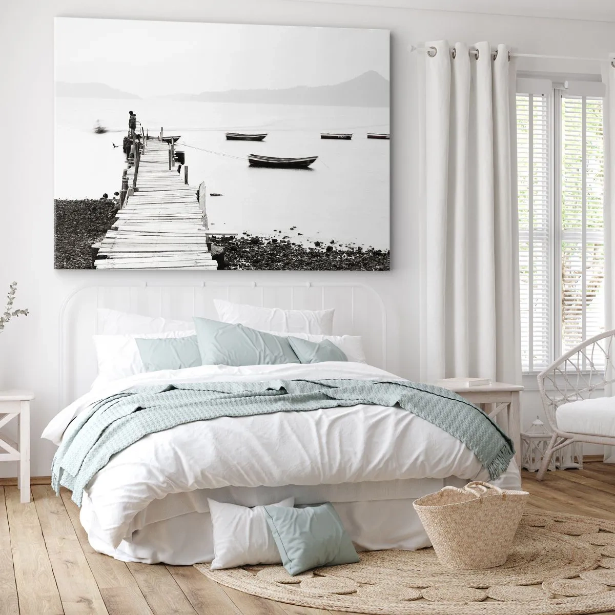 Quadro em tela - Píer de madeira e barcos em águas calmas - 70x50cm - Sobre água calma e límpida - Decoração de parede moderna para a sala de estar e quarto ARTTOR