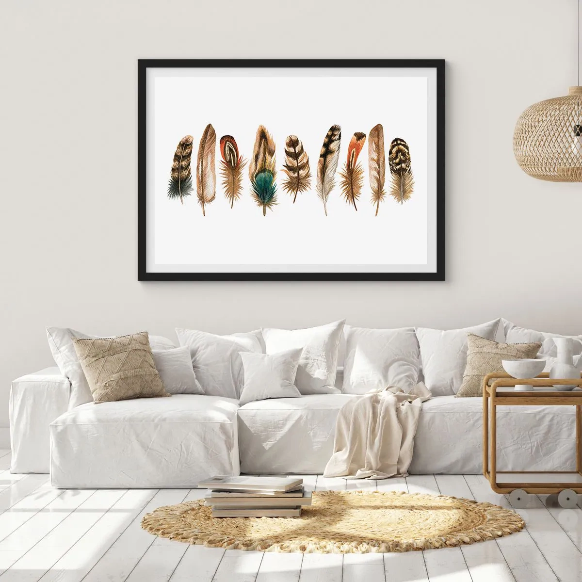 Pôster com moldura preta - Variações de penas - 91x61 cm