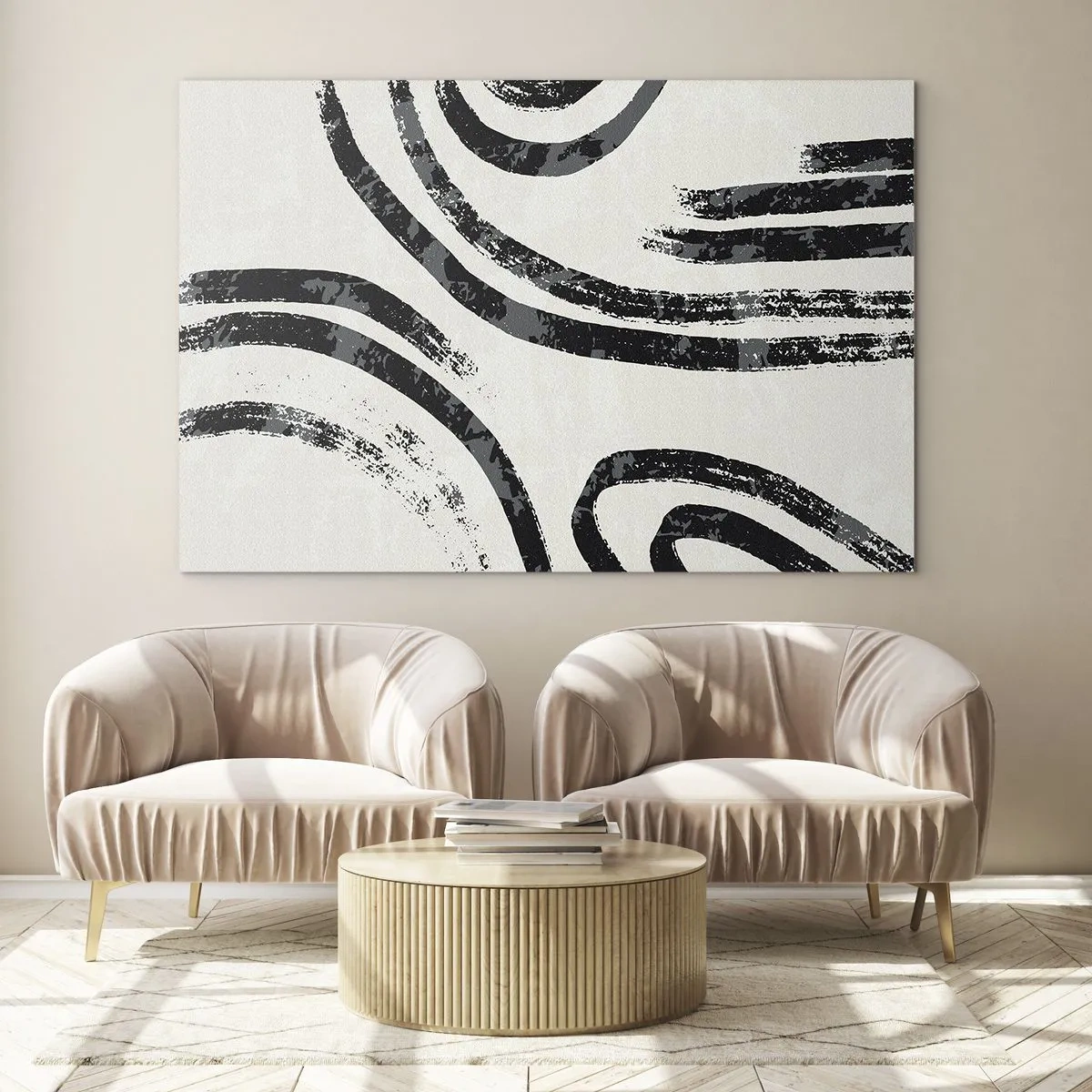Quadro em vidro - Linhas semicirculares pretas em uma abstração minimalista sobre um fundo claro - 70x50cm - Meio parado - Decoração de parede moderna para a sala de estar e quarto ARTTOR
