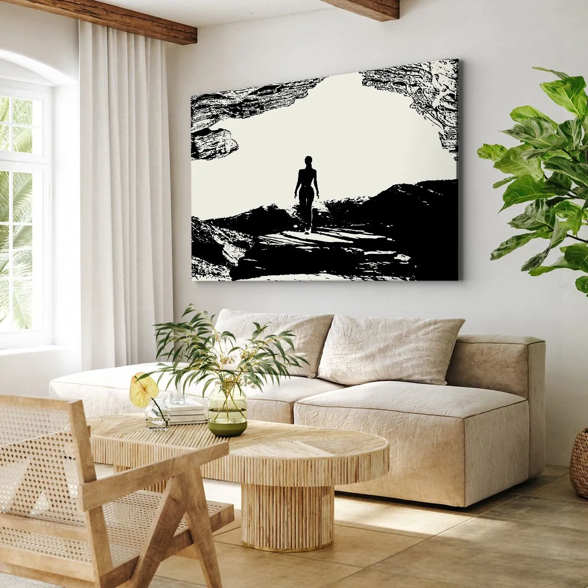 Quadro em tela - Silhueta preta e branca de uma mulher em uma caverna contra o céu - 70x50cm - Novo visual - Decoração de parede moderna para a sala de estar e quarto ARTTOR