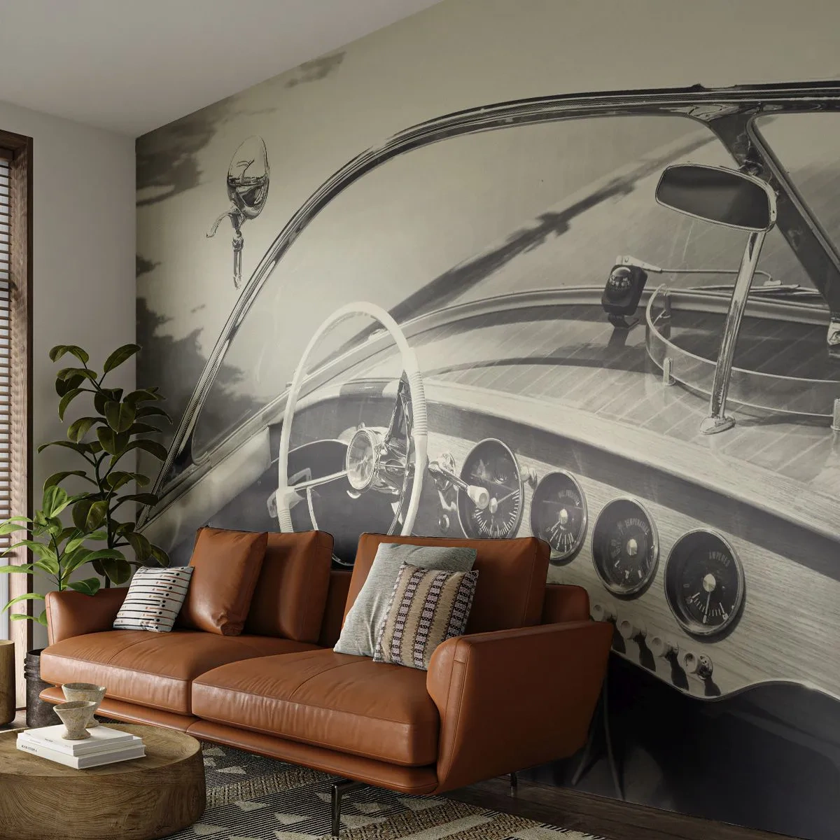 Papel de Parede Autocolante Deluxe Sticker - Tempo para os ricos - Barco antigo, Barco a motor, Preto e branco - 400x280 cm