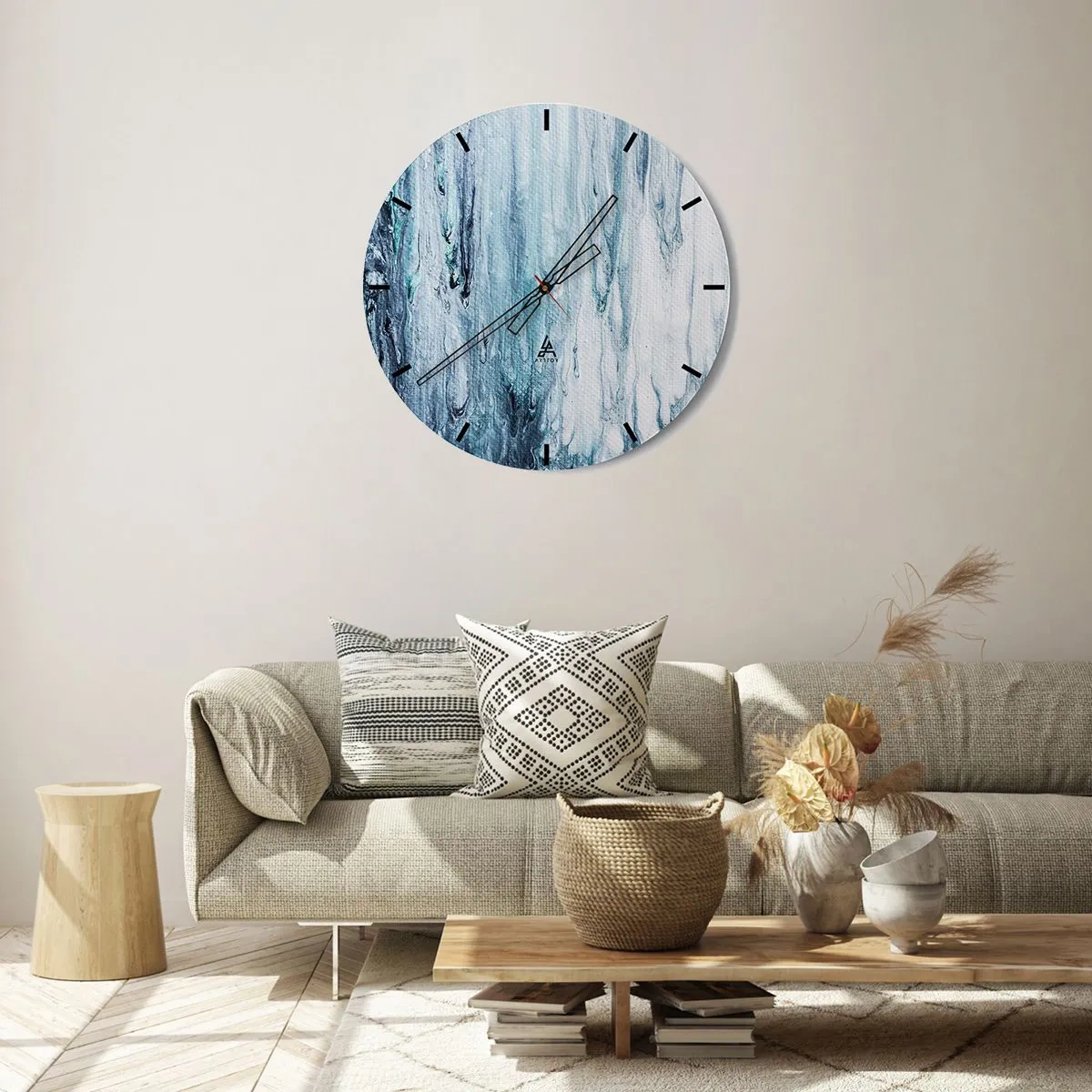 Relógio de parede - Relógio em vidro - Cachoeira abstrata em tons de azul - 30x30cm - Estalactites em azul - Decoração de parede moderna para a sala de estar, cozinha e quarto ARTTOR