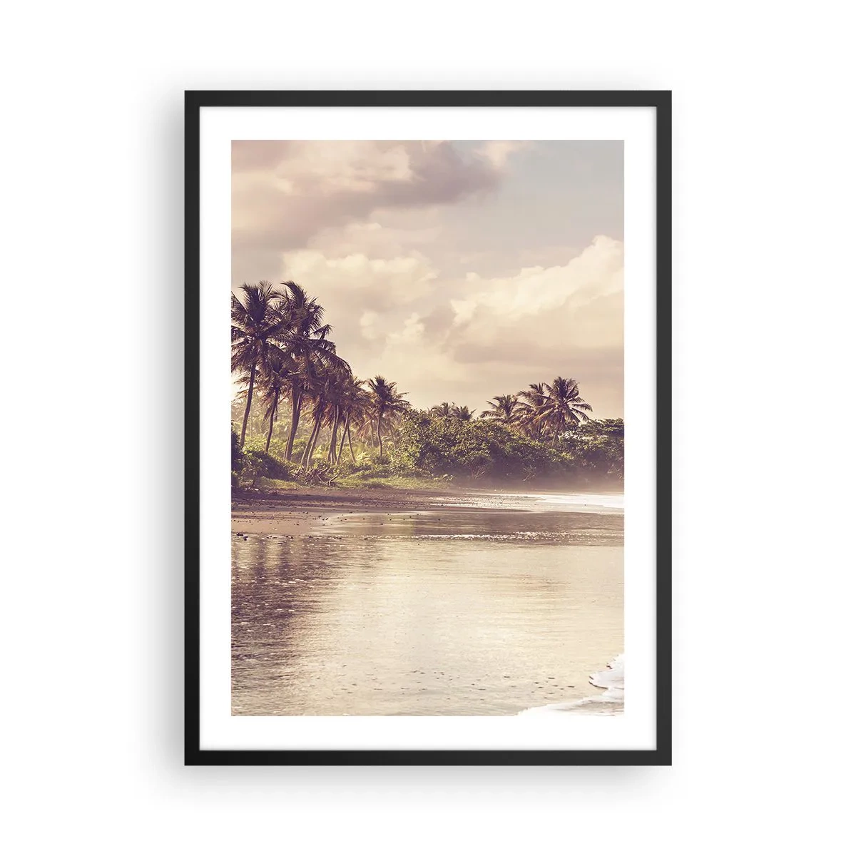 Pôster com moldura preta - Praia tropical ao pôr do sol com palmeiras - 50x70cm - Carícia das ondas - Decoração de parede moderna para a sala de estar e quarto ARTTOR