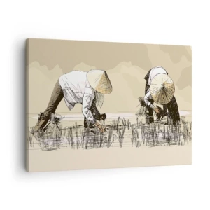 Quadro em tela - Agricultores trabalhando em um campo de arroz usando chapéus tradicionais - 70x50cm - Boa colheita  - Decoração de parede moderna para a sala de estar e quarto ARTTOR