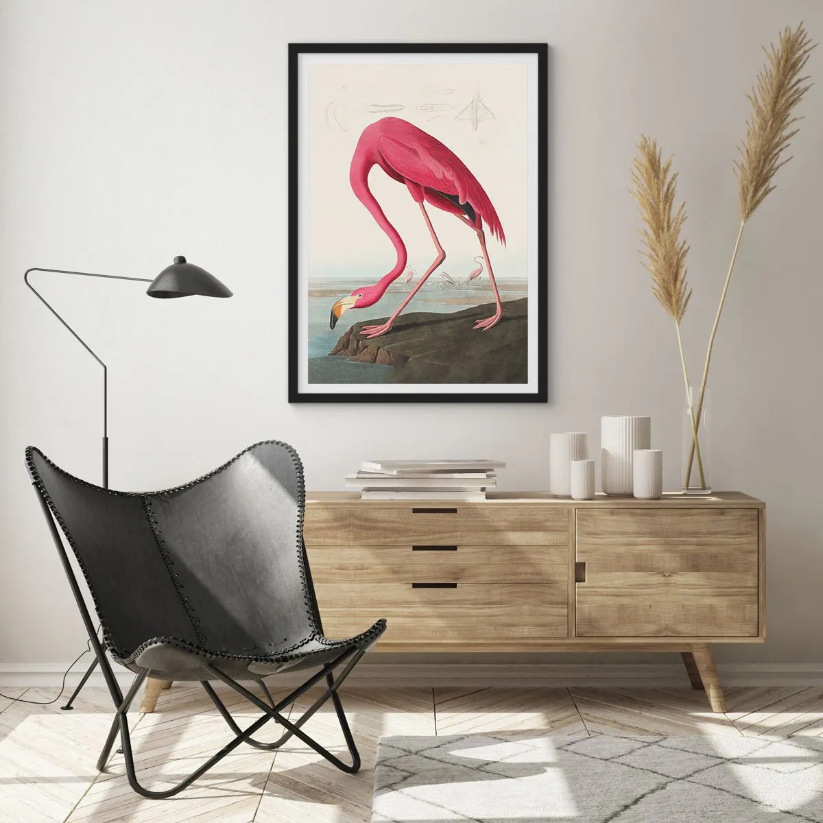 Pôster com moldura preta - Um flamingo rosa em uma paisagem natural - 50x70cm - Uma criatura surpreendente - Decoração de parede moderna para a sala de estar e quarto ARTTOR