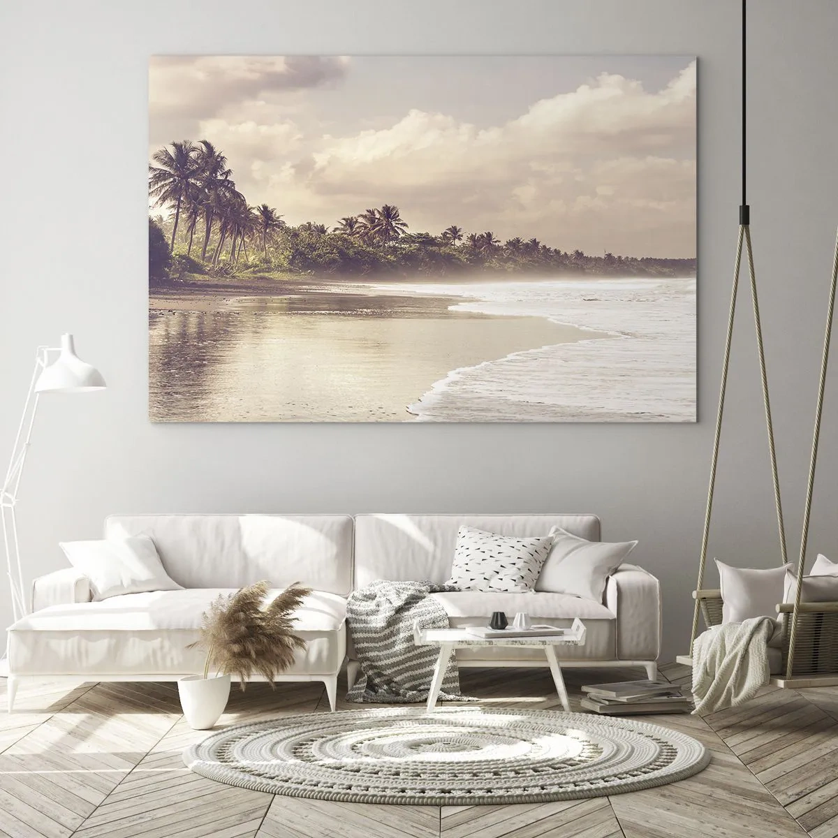 Quadro em vidro - Uma praia dourada com palmeiras e um oceano calmo sob a luz suave - 70x50cm - Carícia das ondas - Decoração de parede moderna para a sala de estar e quarto ARTTOR