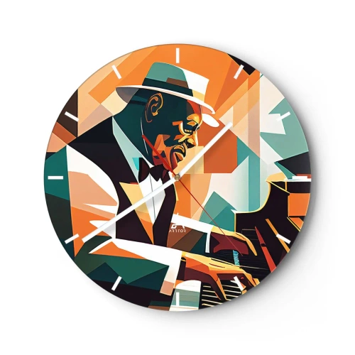 Relógio de parede - Relógio em vidro - Músico de jazz ao piano em estilo geométrico - 30x30cm - Todo aquele jazz - Decoração de parede moderna para a sala de estar, cozinha e quarto ARTTOR