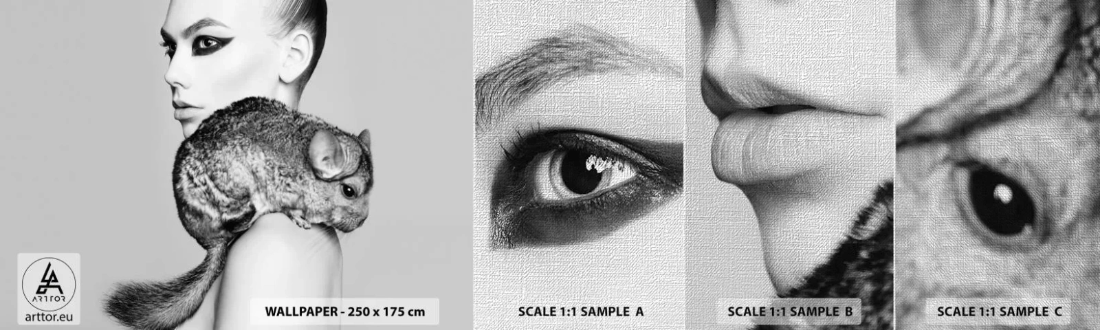 Amostra de papel de parede Premium Canvas - A dama com a chinchila - Mulher, Mulher Com Chinchila, Modelo - 100x30 cm