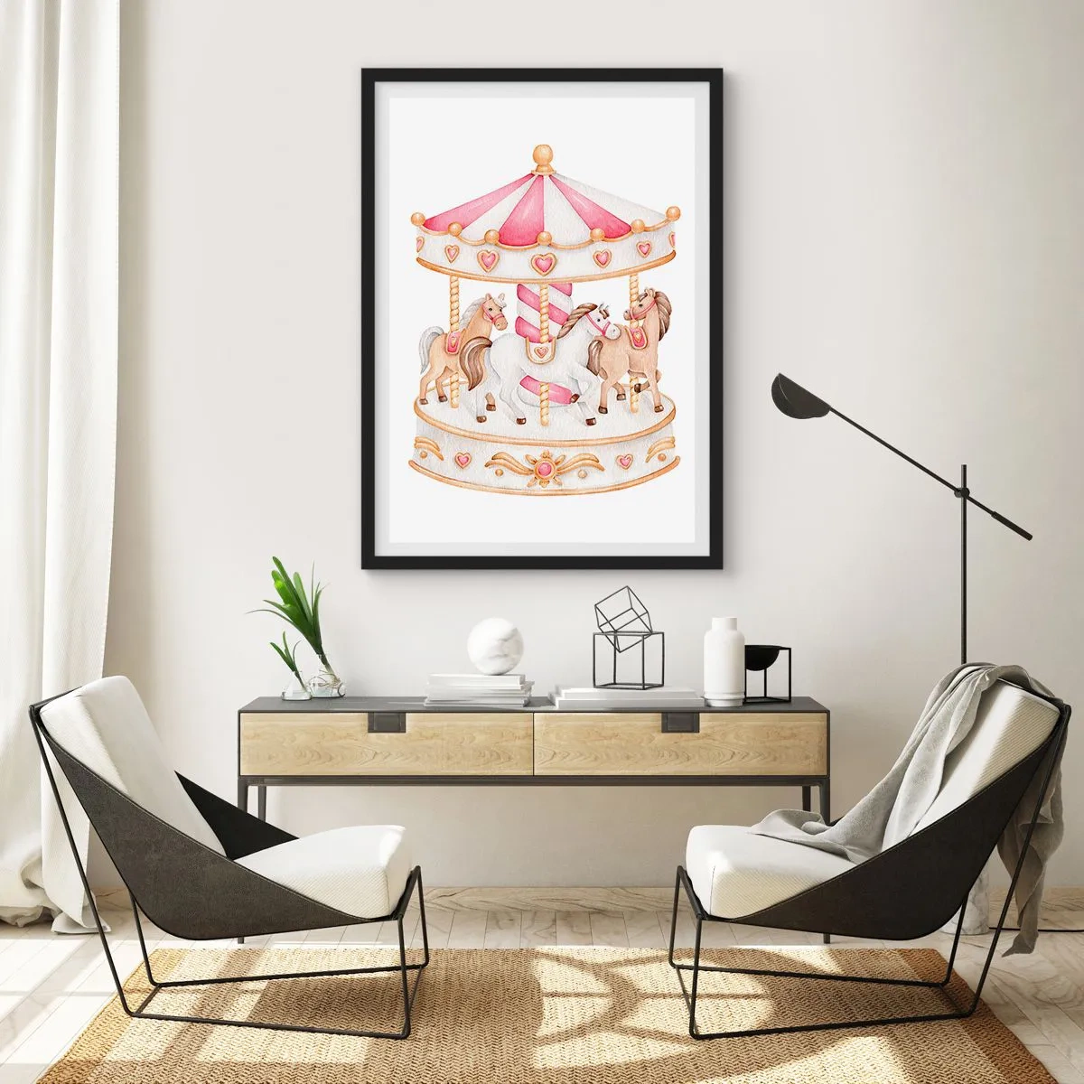 Pôster com moldura preta - Carrossel de aquarela em tons pastéis de rosa - 50x70cm - O doce mundo da infância - Decoração de parede moderna para a sala de estar e quarto ARTTOR