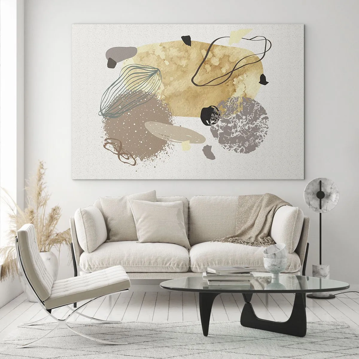 Quadro em vidro - Abstração bege e marrom com formas irregulares - 70x50cm - Plumcologia aplicada - Decoração de parede moderna para a sala de estar e quarto ARTTOR