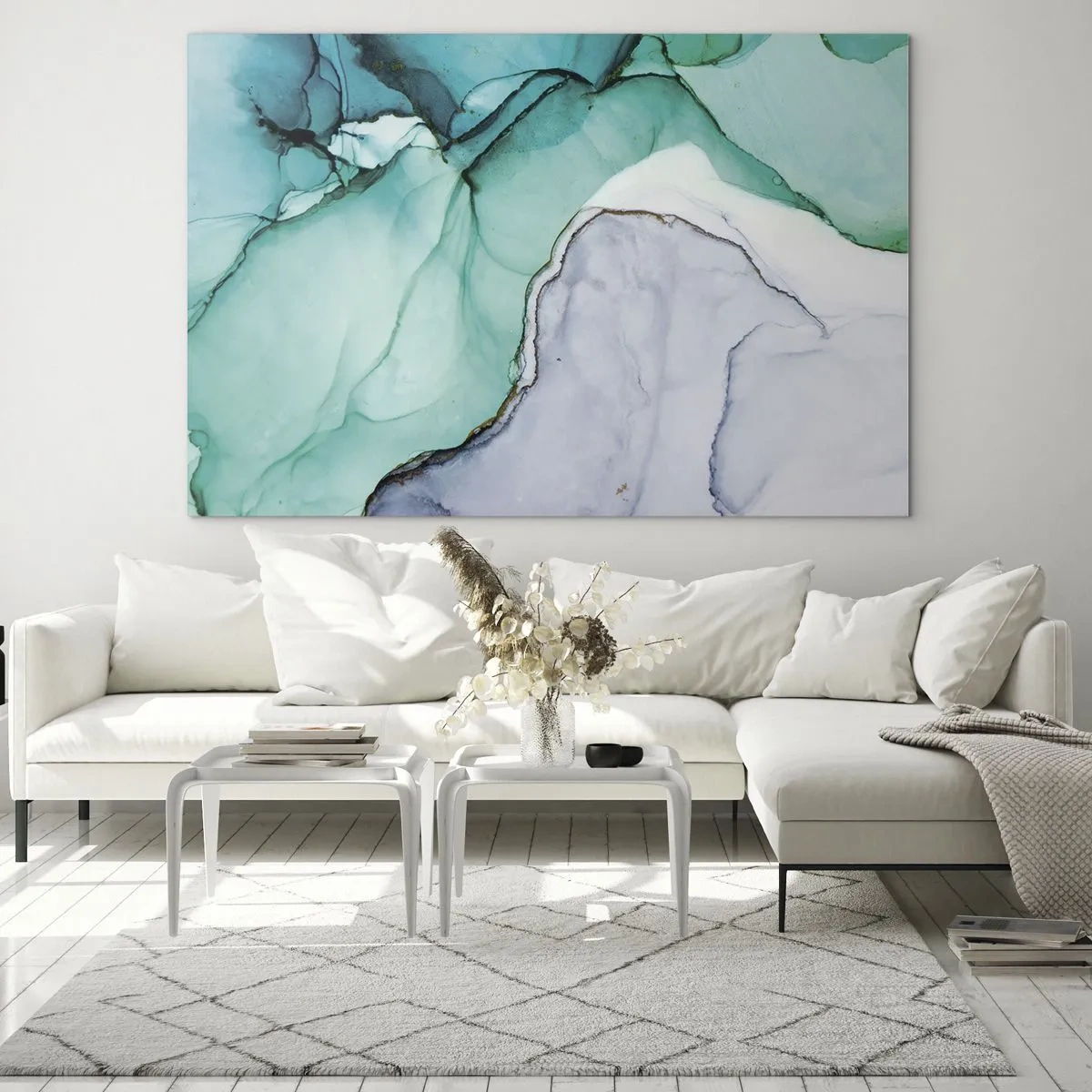 Quadro em vidro - Uma pintura abstrata em tons de turquesa e branco, com delicadas rachaduras. - 70x50cm - Estudo em turquesa - Decoração de parede moderna para a sala de estar e quarto ARTTOR