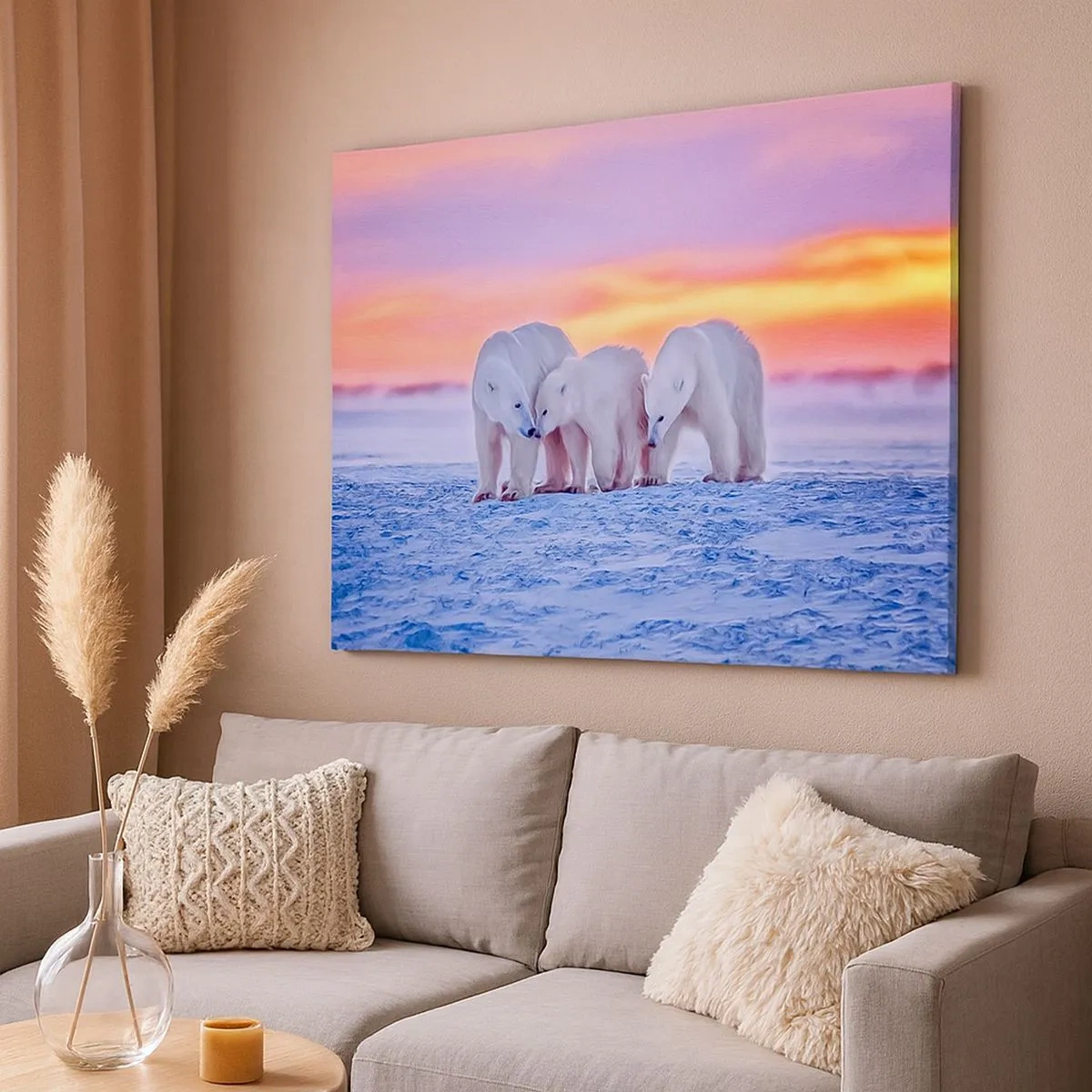 Quadro em tela - Três ursos polares tendo como pano de fundo um pôr do sol no Ártico - 70x50cm - Tudo o que precisa é de aconchego familiar - Decoração de parede moderna para a sala de estar e quarto ARTTOR