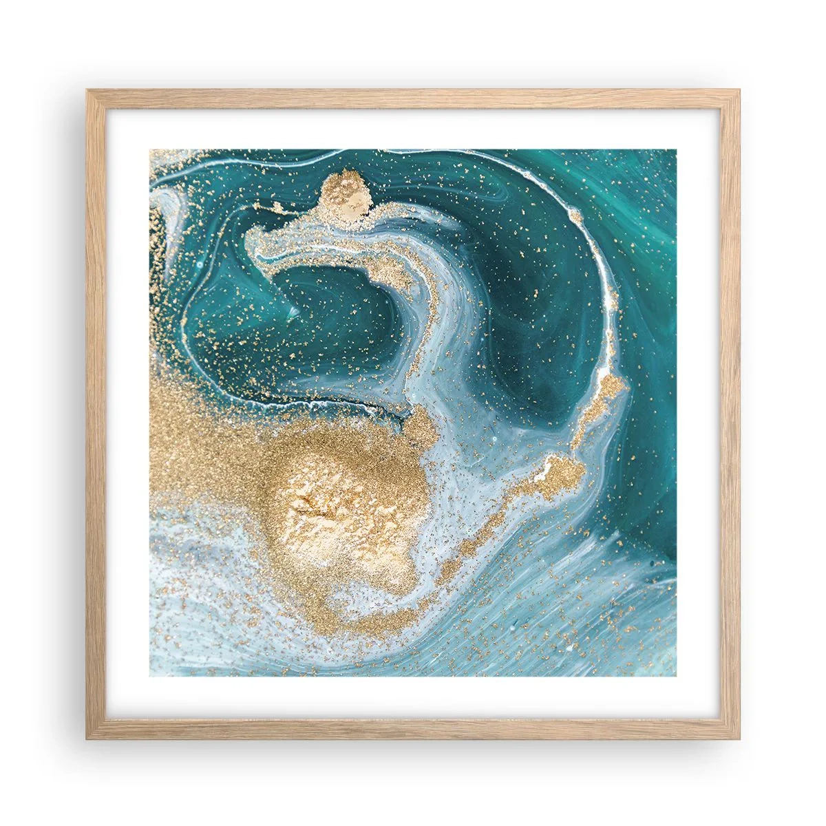 Pôster com moldura de carvalho claro - Um vórtice de ouro e turquesa - 50x50 cm