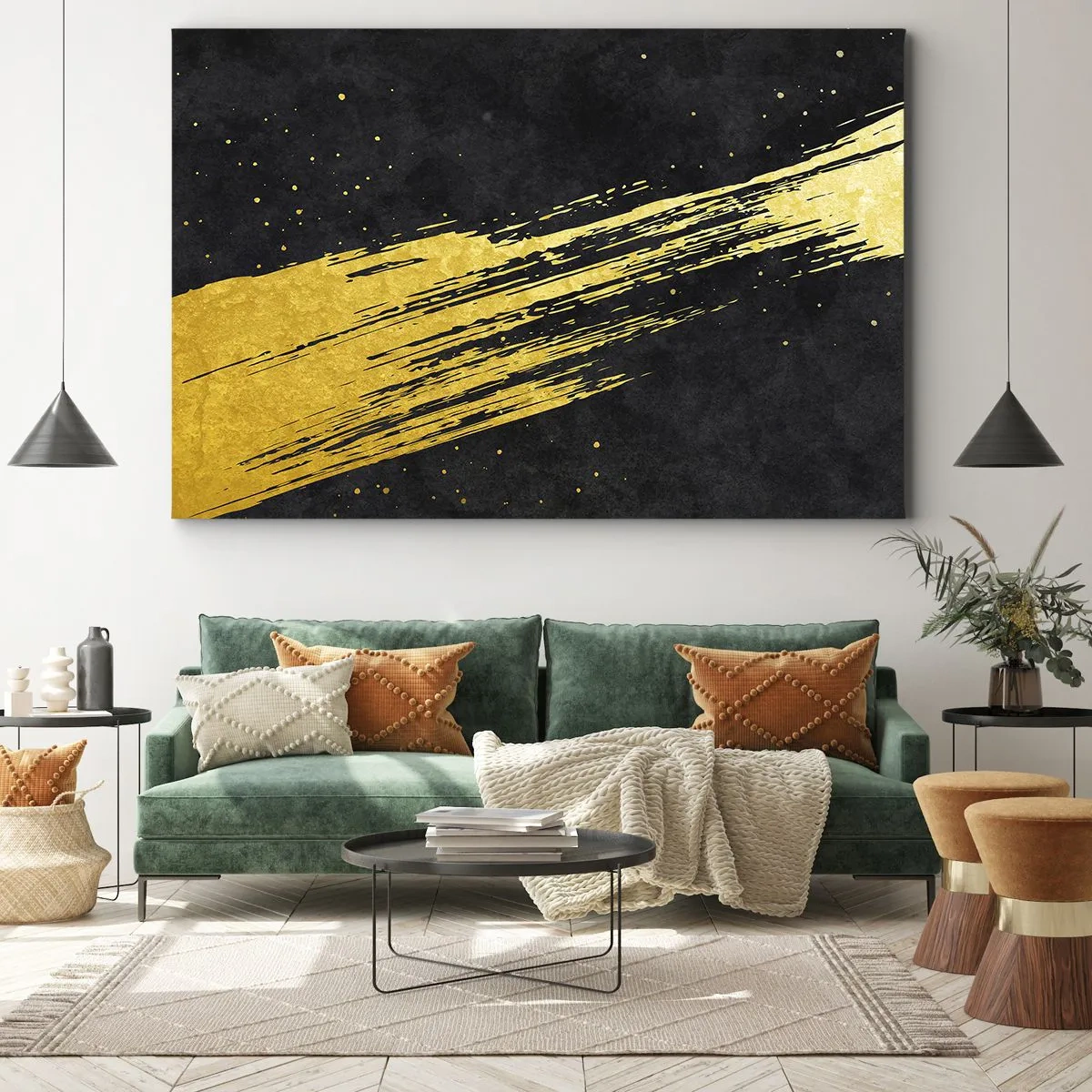 Quadro em tela - Fundo preto com pinceladas douradas dinâmicas - 70x50cm - Salto para o hiperespaço - Decoração de parede moderna para a sala de estar e quarto ARTTOR