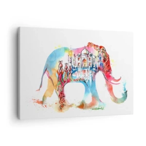Quadro em tela - Pintura em aquarela colorida de um elefante com um motivo do Taj Mahal - 70x50cm - Índia - uma aura de amor - Decoração de parede moderna para a sala de estar e quarto ARTTOR