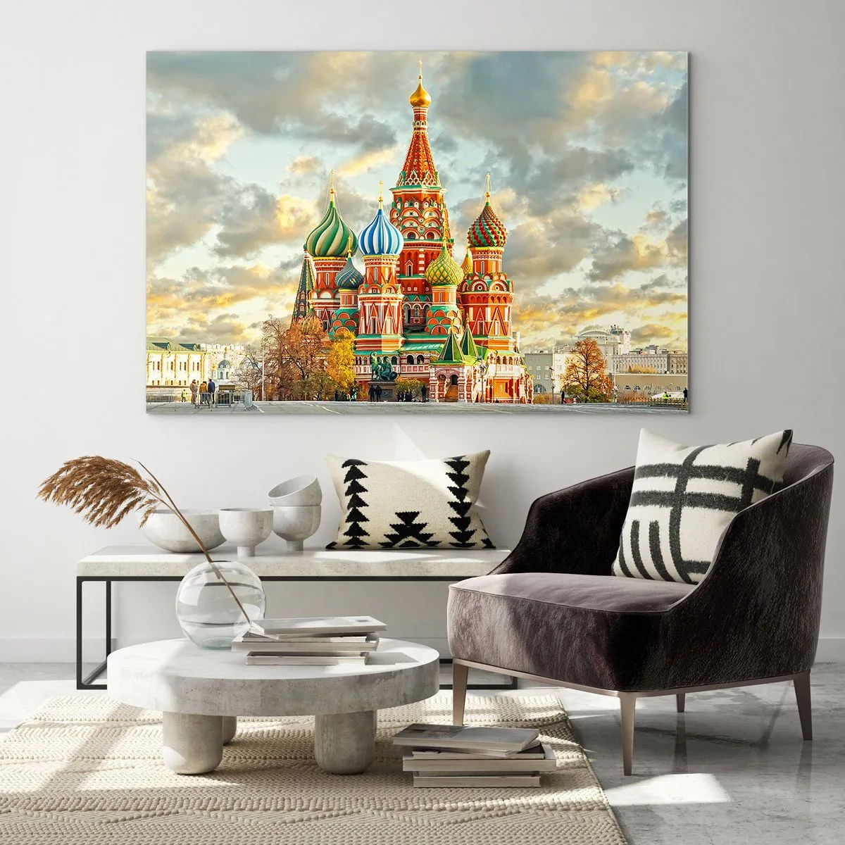 Quadro em vidro - Catedral de São Basílio em Moscou contra um céu nublado - 70x50cm - Nem mesmo a Disney teria inventado - Decoração de parede moderna para a sala de estar e quarto ARTTOR