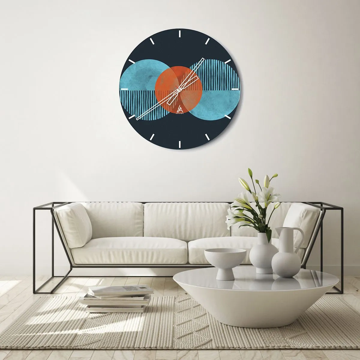 Relógio de parede - Relógio em vidro - Uma composição abstrata de círculos e linhas em tons de azul e laranja. - 30x30cm - Obras de arte simétricas - Decoração de parede moderna para a sala de estar, cozinha e quarto ARTTOR