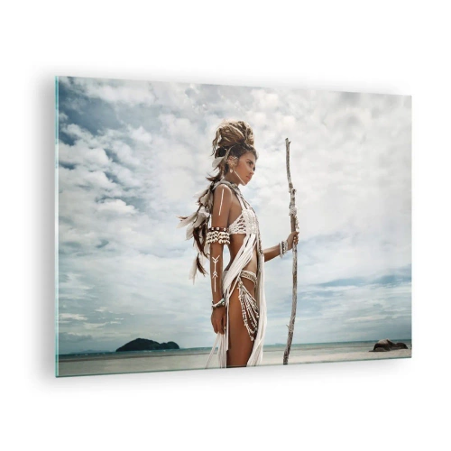 Quadro em vidro - Uma figura exótica contra a praia e o céu - 70x50cm - Rainha dos trópicos - Decoração de parede moderna para a sala de estar e quarto ARTTOR