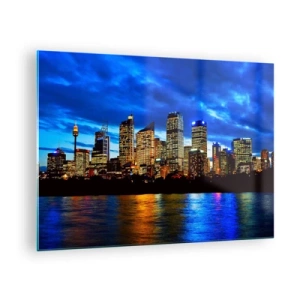 Quadro em vidro - Panorama da cidade noturna refletida na água - 70x50cm - Uma noite de luzes e cores - Decoração de parede moderna para a sala de estar e quarto ARTTOR