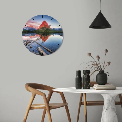 Relógio de parede - Relógio em vidro - Paisagem montanhosa com reflexo no lago - 30x30cm - Calor e frio - Decoração de parede moderna para a sala de estar, cozinha e quarto ARTTOR