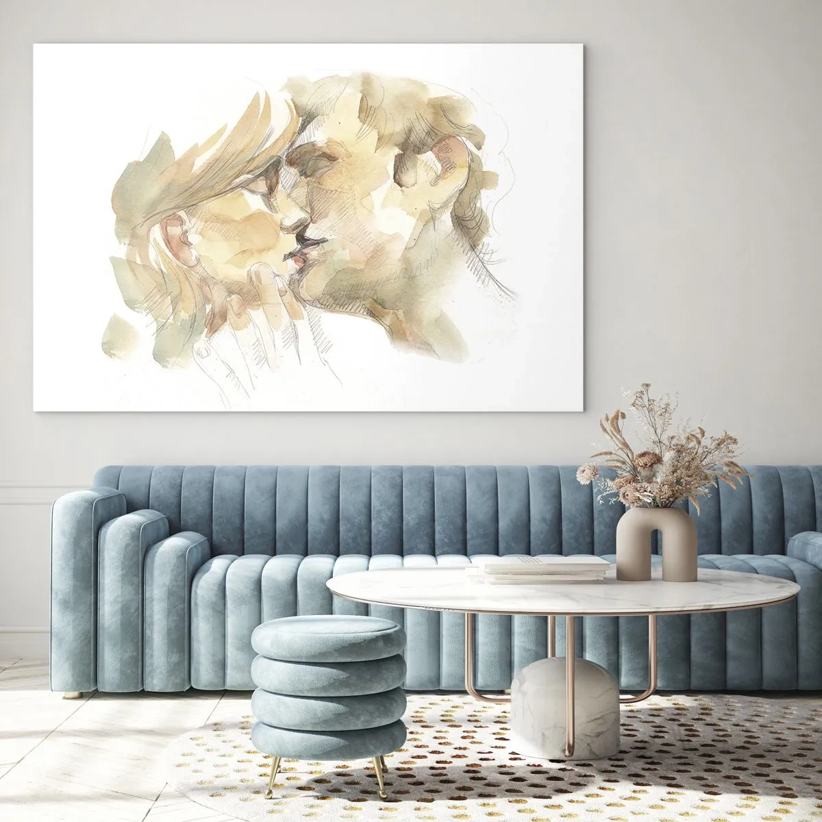 Quadro em vidro - Pintura romântica em aquarela de um beijo de amantes - 70x50cm - A outra metade foi encontrada? - Decoração de parede moderna para a sala de estar e quarto ARTTOR
