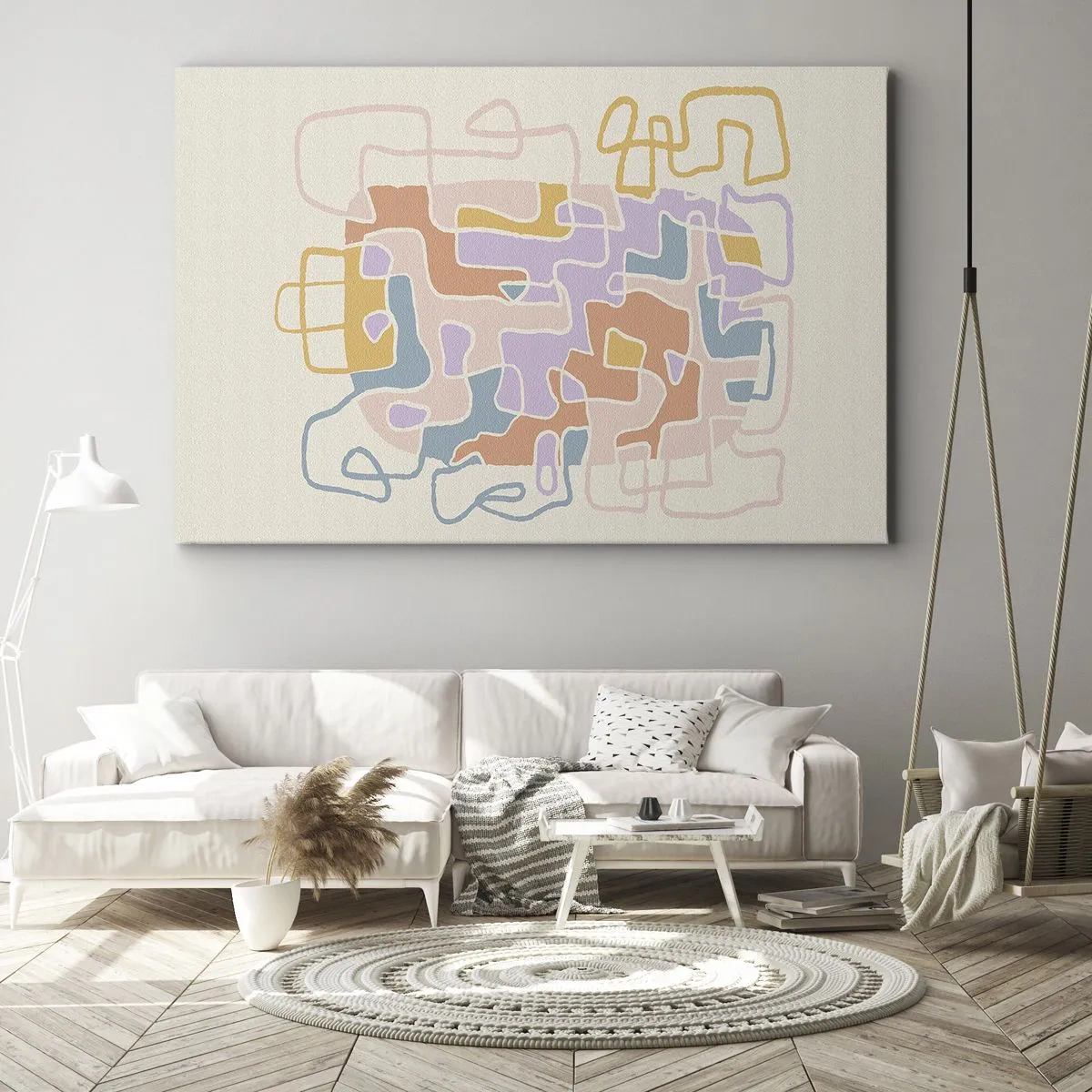 Quadro em tela - Linhas abstratas em tons pastéis criando padrões geométricos - 70x50cm - Labirinto – uma aventura alegre - Decoração de parede moderna para a sala de estar e quarto ARTTOR