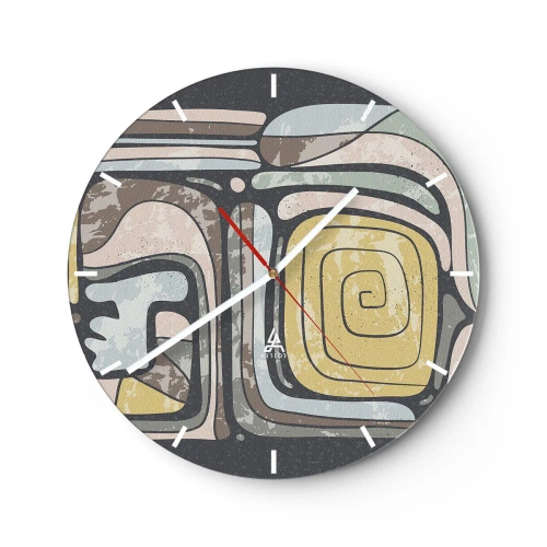 Relógio de parede - Relógio em vidro - Formas abstratas com motivo espiral em estilo étnico - 30x30cm - Abstração no espírito pré-colombiano - Decoração de parede moderna para a sala de estar, cozinha e quarto ARTTOR