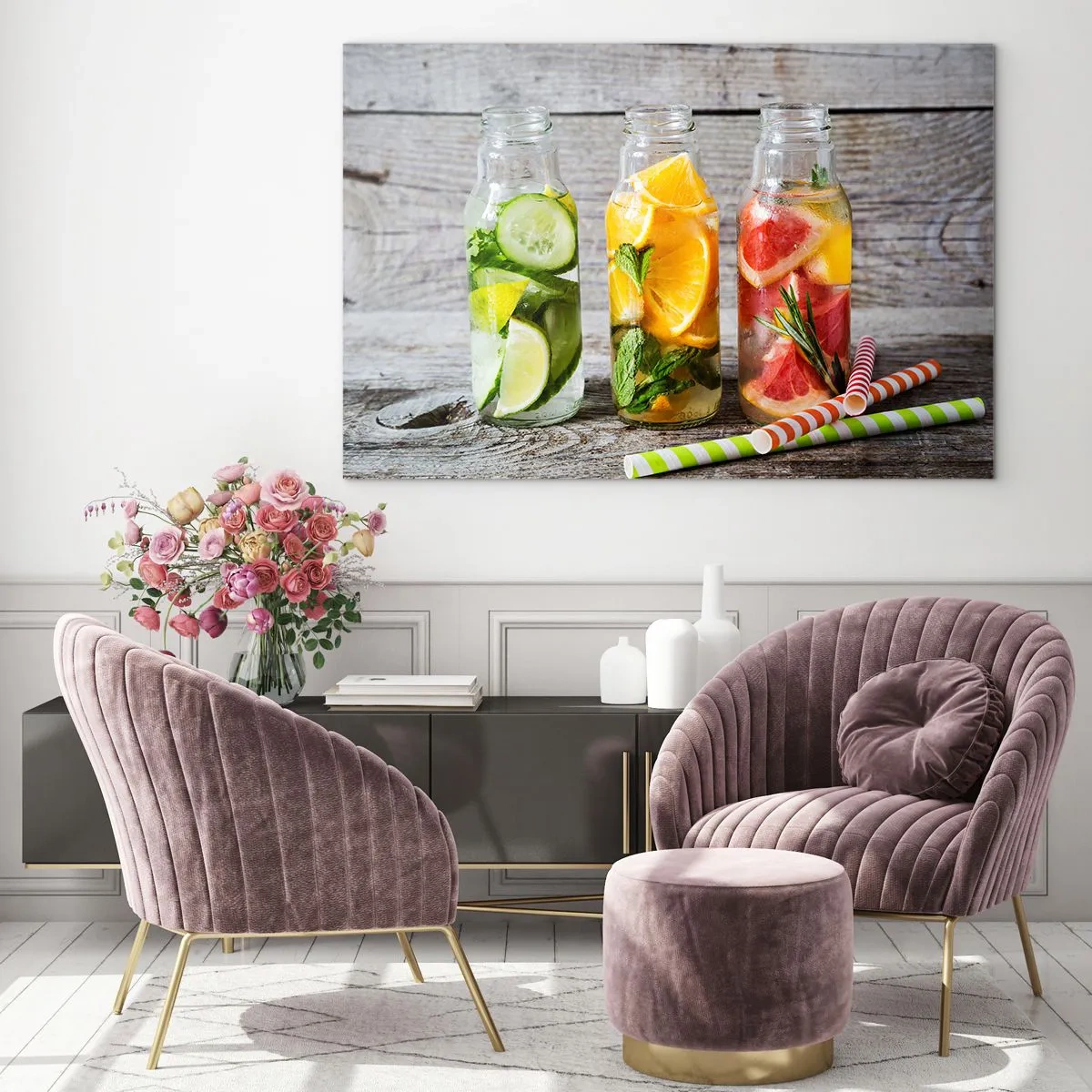 Quadro em vidro - Garrafas de água com frutas e ervas em um fundo de madeira - 70x50cm - Saudável por natureza - Decoração de parede moderna para a sala de estar e quarto ARTTOR