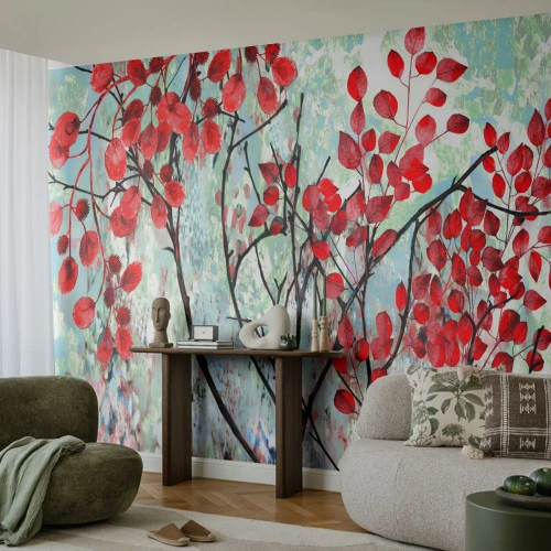 Papel de Parede Premium Canvas - Árvore em escarlate - Abstração, Folhas vermelhas, Filial - 250x175 cm