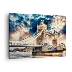 Quadro em tela - Tower Bridge ao anoitecer contra um céu dinâmico - 70x50cm - Monumento ao Império Vitoriano - Decoração de parede moderna para a sala de estar e quarto ARTTOR