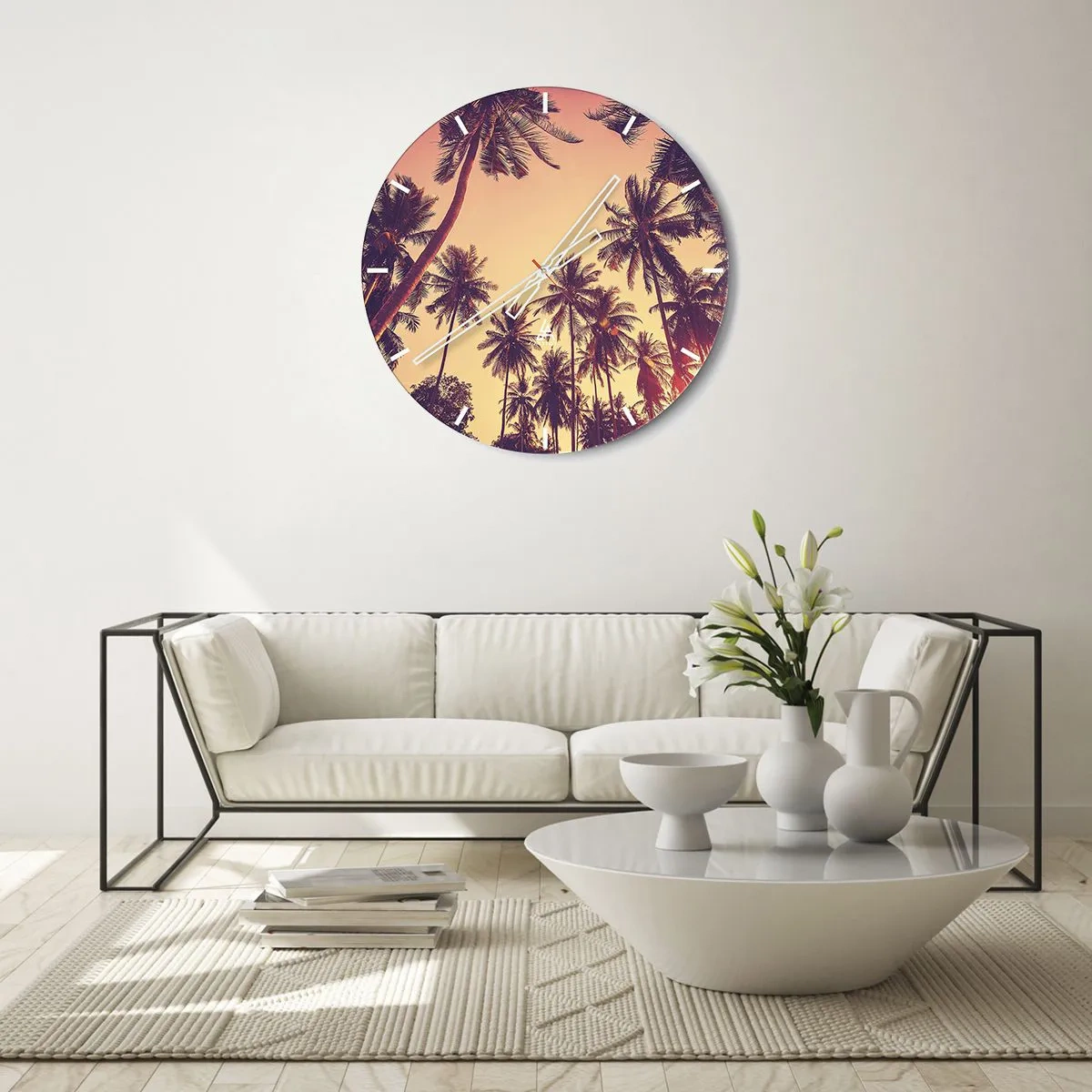 Relógio de parede - Relógio em vidro - Palmeiras ao pôr do sol em tons quentes de laranja - 30x30cm - Variação tropical - Decoração de parede moderna para a sala de estar, cozinha e quarto ARTTOR