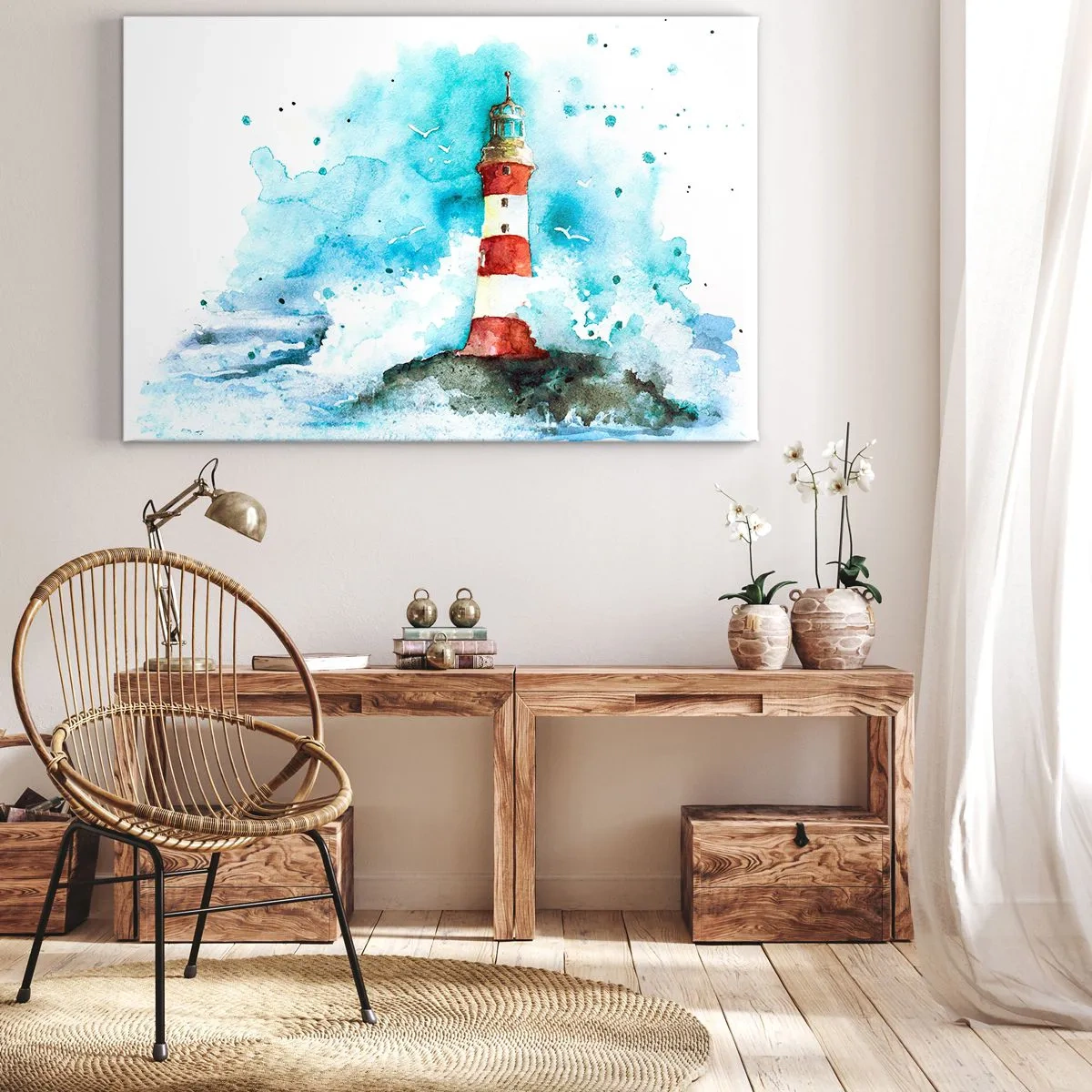 Quadro em tela - Um farol em um cenário de aquarela com fundo azul - 70x50cm - Unidade dos elementos da natureza - Decoração de parede moderna para a sala de estar e quarto ARTTOR