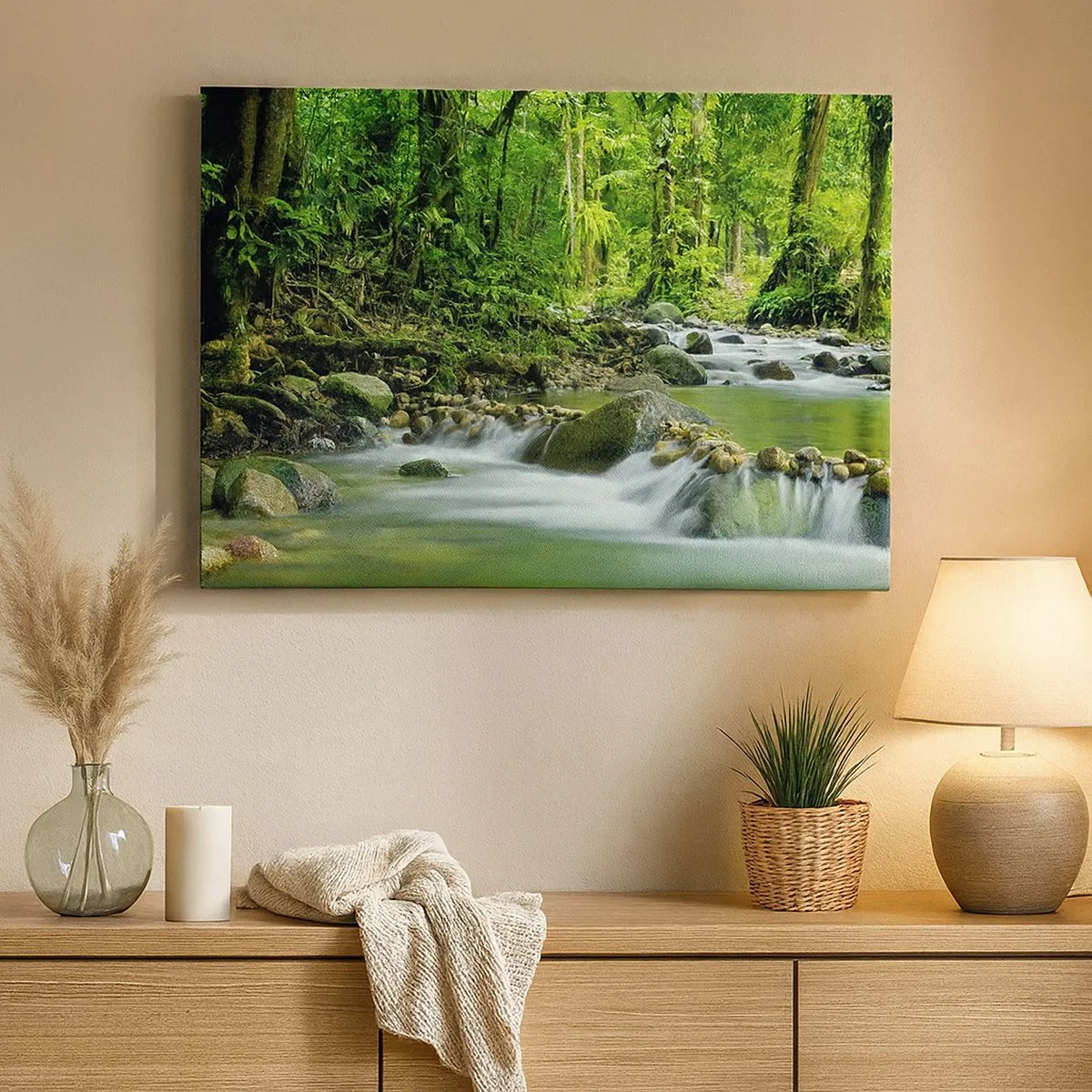 Quadro em tela - Um riacho em uma floresta tropical exuberante - 70x50cm - Navegar no mar de vegetação - Decoração de parede moderna para a sala de estar e quarto ARTTOR