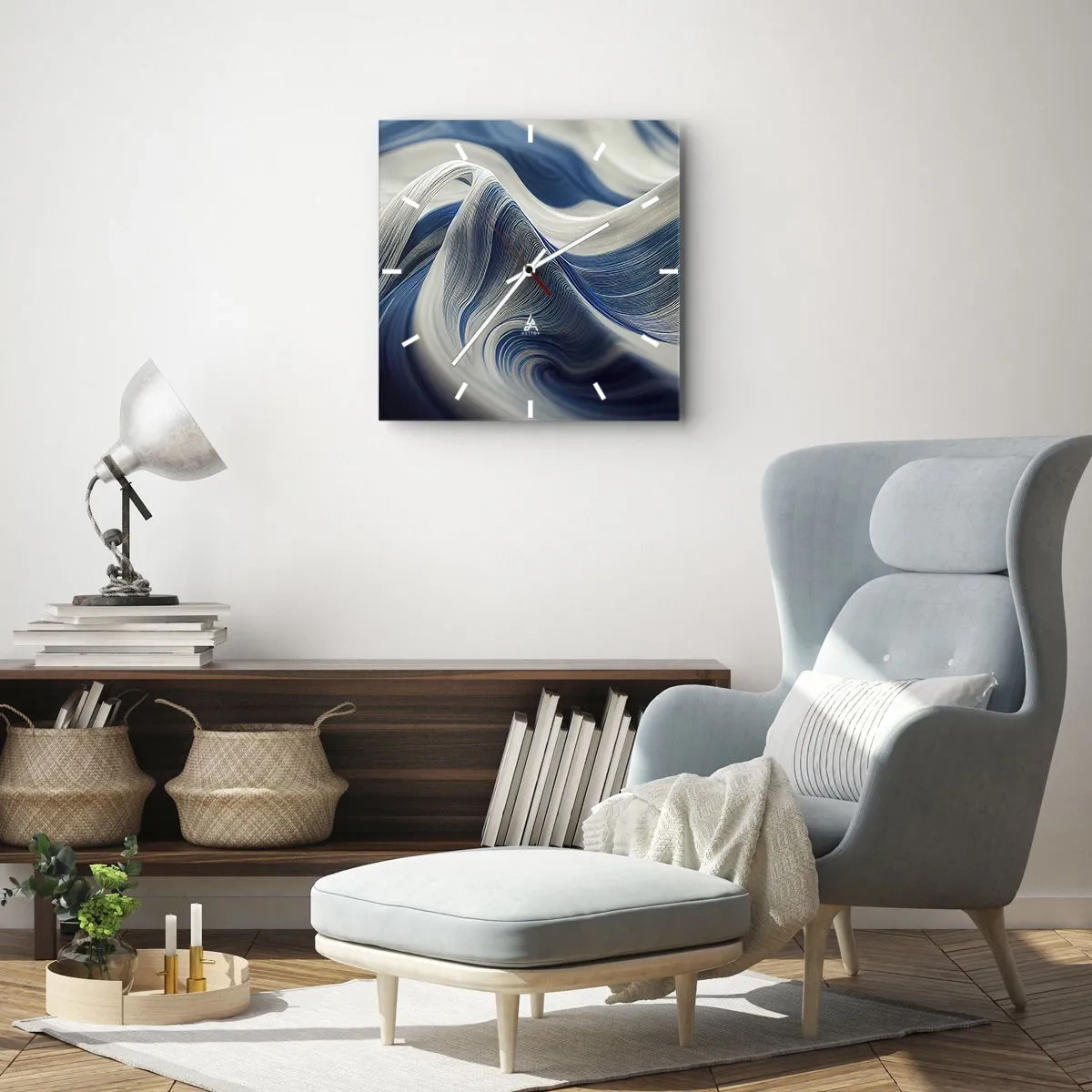 Relógio de parede - Relógio em vidro - A fluidez do azul e do branco - 30x30 cm