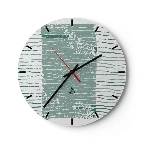 Relógio de parede - Relógio em vidro - Uma composição gráfica com linhas horizontais em tons de verde-mar. - 30x30cm - Abstração marinha - Decoração de parede moderna para a sala de estar, cozinha e quarto ARTTOR