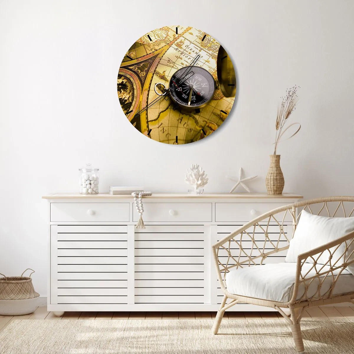 Relógio de parede - Relógio em vidro - Uma bússola em um fundo de mapa antigo - 30x30cm - Que tal ao fim do mundo? - Decoração de parede moderna para a sala de estar, cozinha e quarto ARTTOR