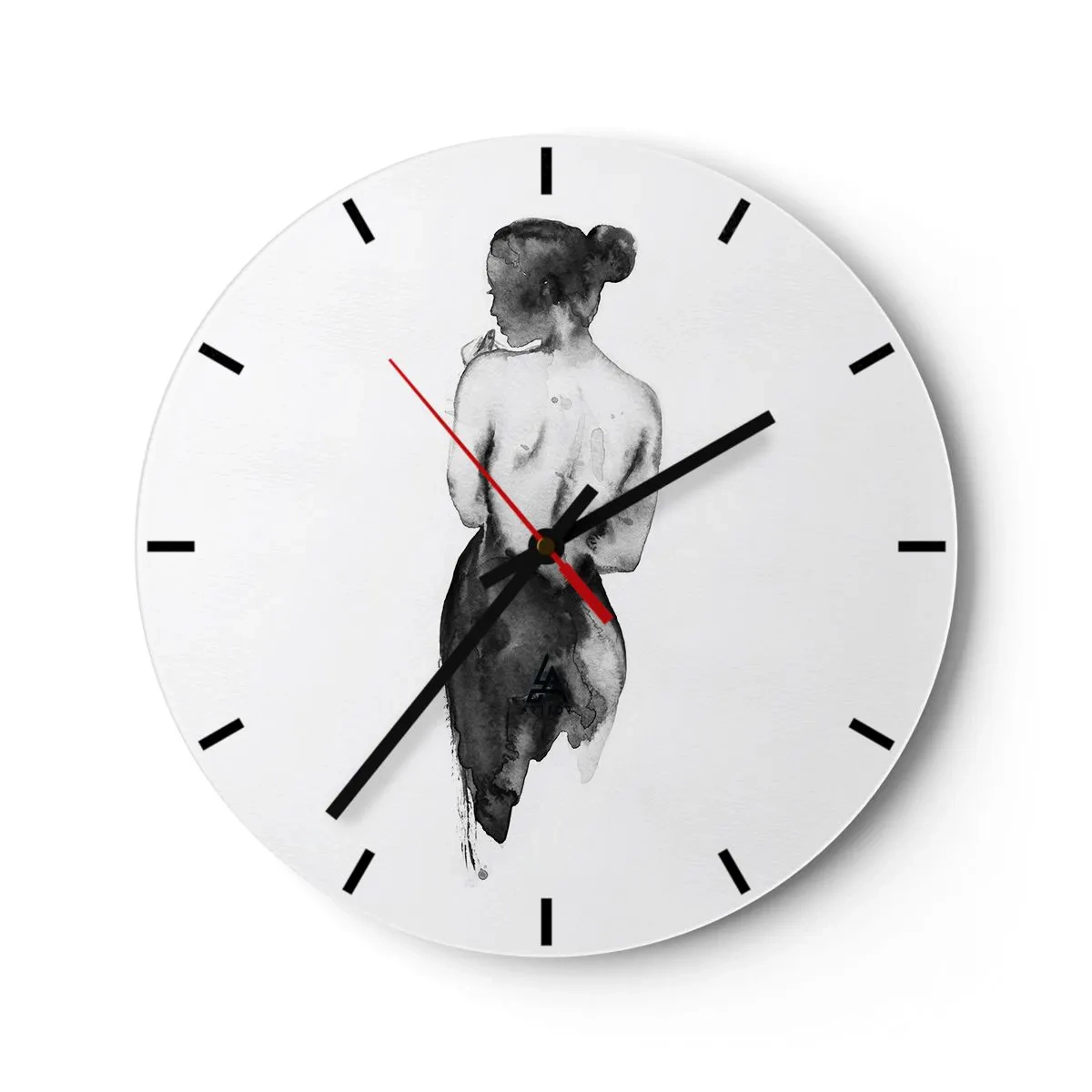 Relógio de parede - Relógio em vidro - Silhueta em preto e branco de uma mulher com as costas expostas - 30x30cm - Com ela, o mundo desaparece - Decoração de parede moderna para a sala de estar, cozinha e quarto ARTTOR