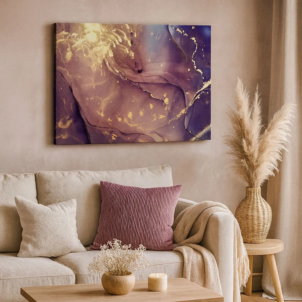Quadro em tela - Composição abstrata com tons de dourado e roxo - 70x50cm - Matéria e espírito - Decoração de parede moderna para a sala de estar e quarto ARTTOR