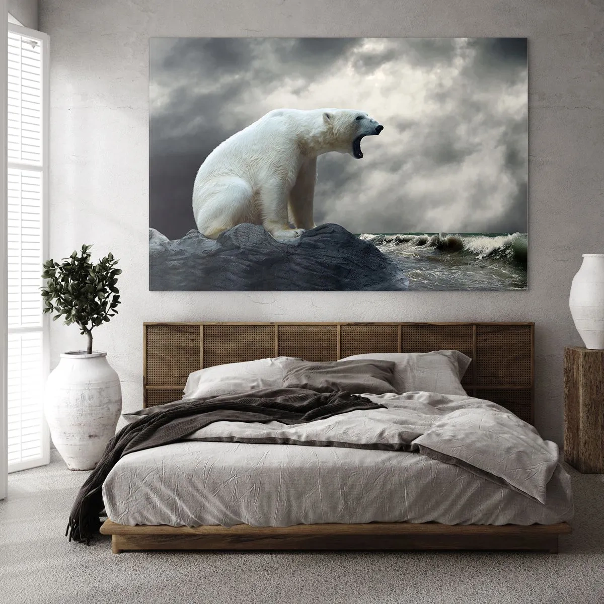 Quadro em vidro - Um urso polar contra um céu tempestuoso - 70x50cm - O Rei Solitário do Ártico - Decoração de parede moderna para a sala de estar e quarto ARTTOR