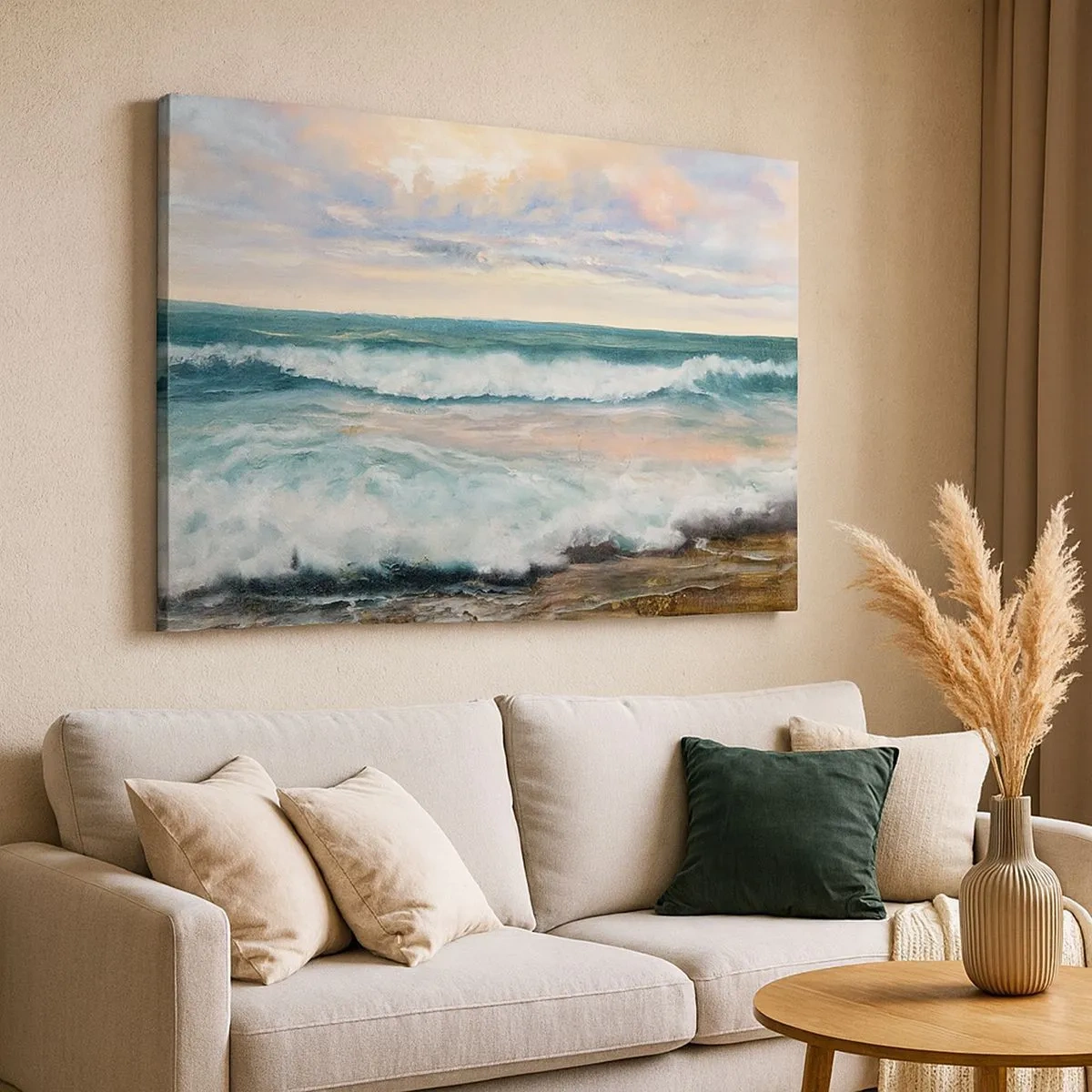 Quadro em tela - Ondas do mar contra um céu nublado ao pôr do sol - 70x50cm - Aqui suavizas a alma - Decoração de parede moderna para a sala de estar e quarto ARTTOR