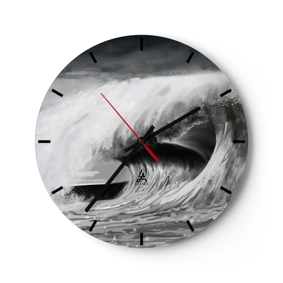 Relógio de parede - Relógio em vidro - Uma onda dinâmica em tons de preto e branco - 30x30cm - A ira do oceano - Decoração de parede moderna para a sala de estar, cozinha e quarto ARTTOR