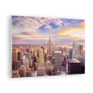 Quadro em vidro - Panorama da cidade com arranha-céus ao pôr do sol - 70x50cm - Alcançar as nuvens - Decoração de parede moderna para a sala de estar e quarto ARTTOR