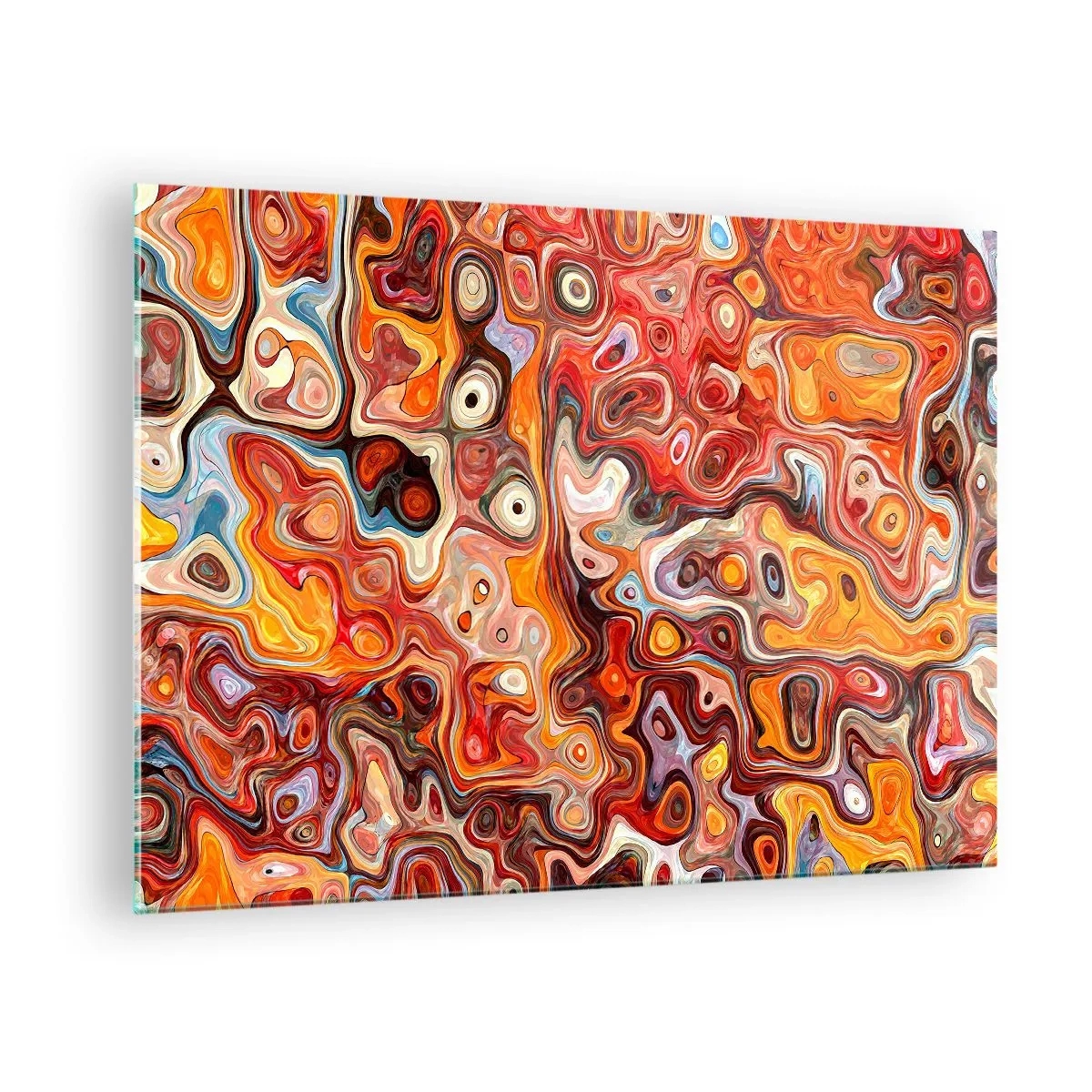 Quadro em vidro - Composição abstrata em tons de laranja e vermelho - 70x50cm - Se as nozes tivessem derretido no mel - Decoração de parede moderna para a sala de estar e quarto ARTTOR